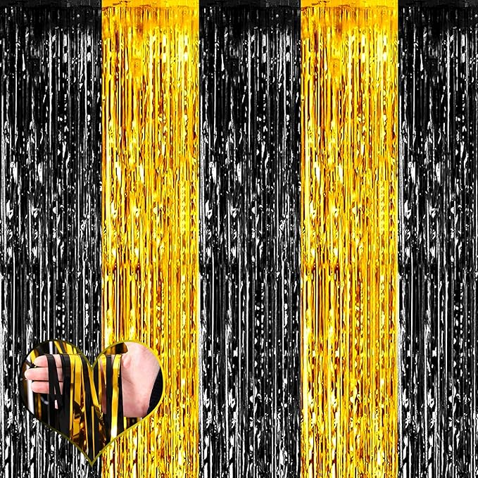 4 Pack 3.2Ft x 6.6Ft Black and Gold Fringe Curtain Backdrop, Metallic Tinsel Foil Fringe Streamers Curtains Background for Photo Booth Birthday Wedding Graduation Carnival Party Decorations