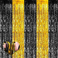 4 Pack 3.2Ft x 6.6Ft Black and Gold Fringe Curtain Backdrop, Metallic Tinsel Foil Fringe Streamers Curtains Background for Photo Booth Birthday Wedding Graduation Carnival Party Decorations