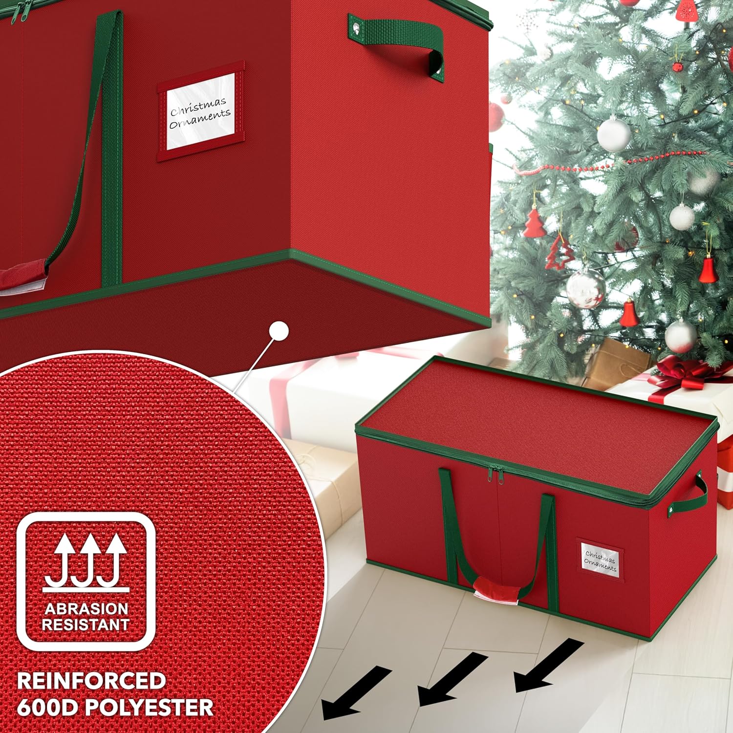 Simple Houseware Heavy-Duty Large Christmas Ornament Storage Box with Adjustable Dividers, Stores up to 128 Ornaments, Zipper Lid, Red
