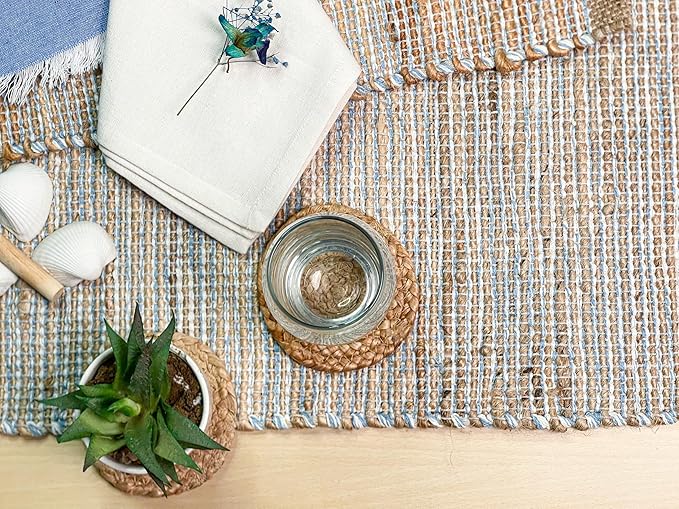 Chardin home Natural Jute Table Runner 13x36 Inch – Vintage Boho Rustic Table Decor – Handwoven Table Runner in Natural Jute and Sky Blue-White – Farmhouse Dining or Console Table Accent