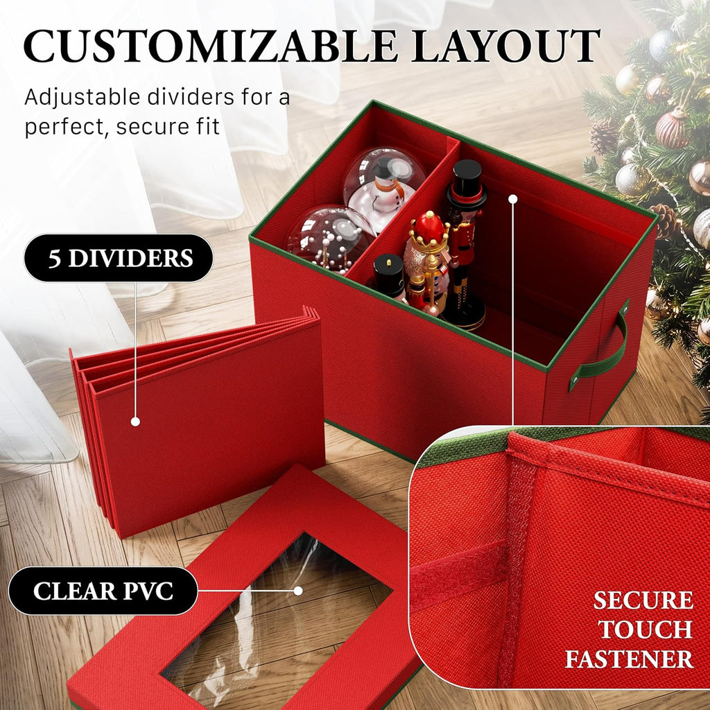 Simple Houseware Heavy-Duty Christmas Ornament Organizer Bin with 6 Padded Wraps, Adjustable Dividers for 12-inch Nutcrackers & Holiday Decorations, Clear Window