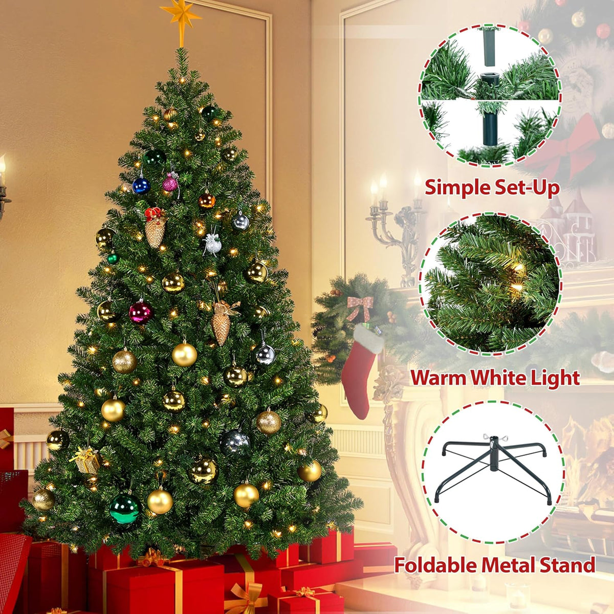 yaheetech 6ft pre-lit christmas tree with 300 warm, close-up detail