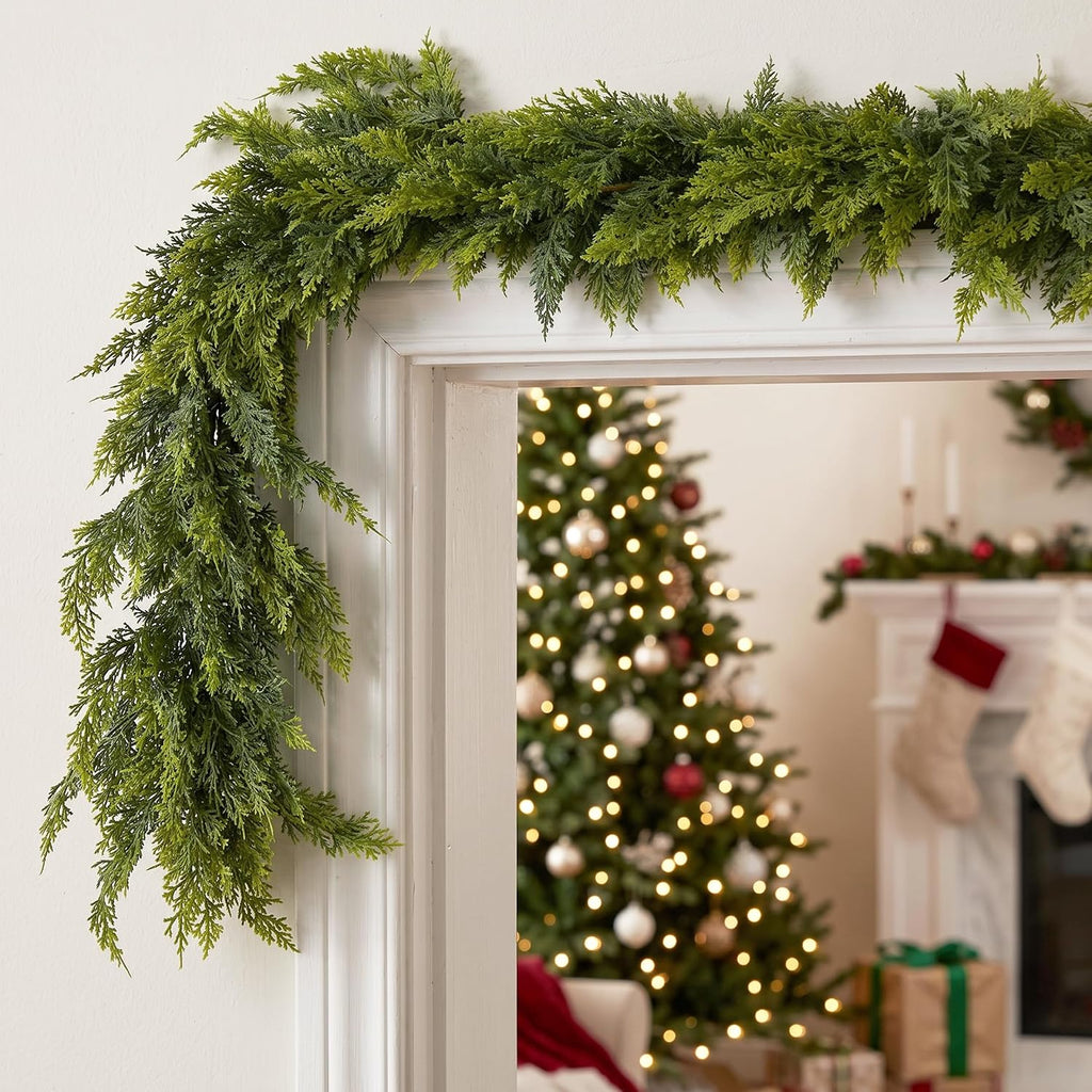 9ft christmas garland, artificial lifelike two-tone cypress flexible showing dimensions