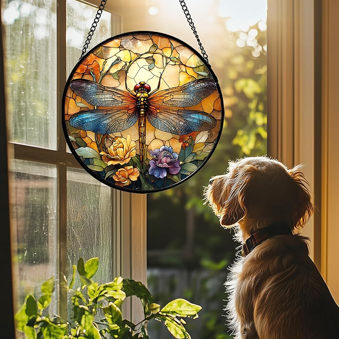 Stained Glass Window Hanging - Orange Blue Dragonfly Flower Suncatcher for Doors Window Home Sun Catchers Decor Christmas Mother's Day Birthday Outdoor Gifts for Women Men Mom Nana 7.8 in