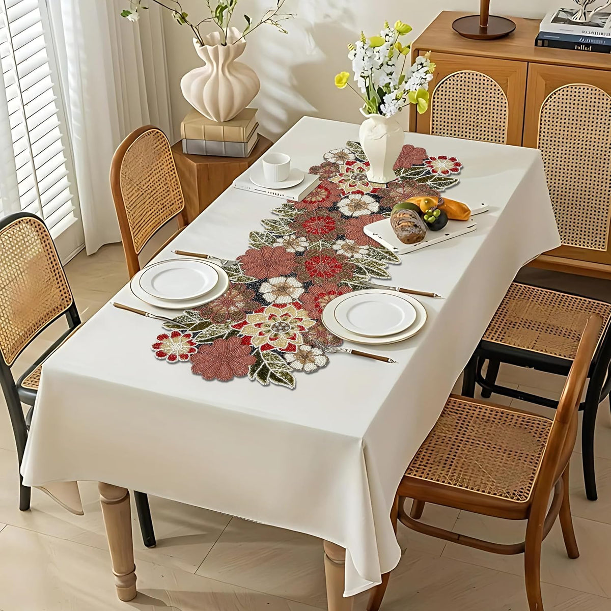 Beaded Table Runner Decorative Hand Glitz Rustic Farmhouse for Fall Harvest a...