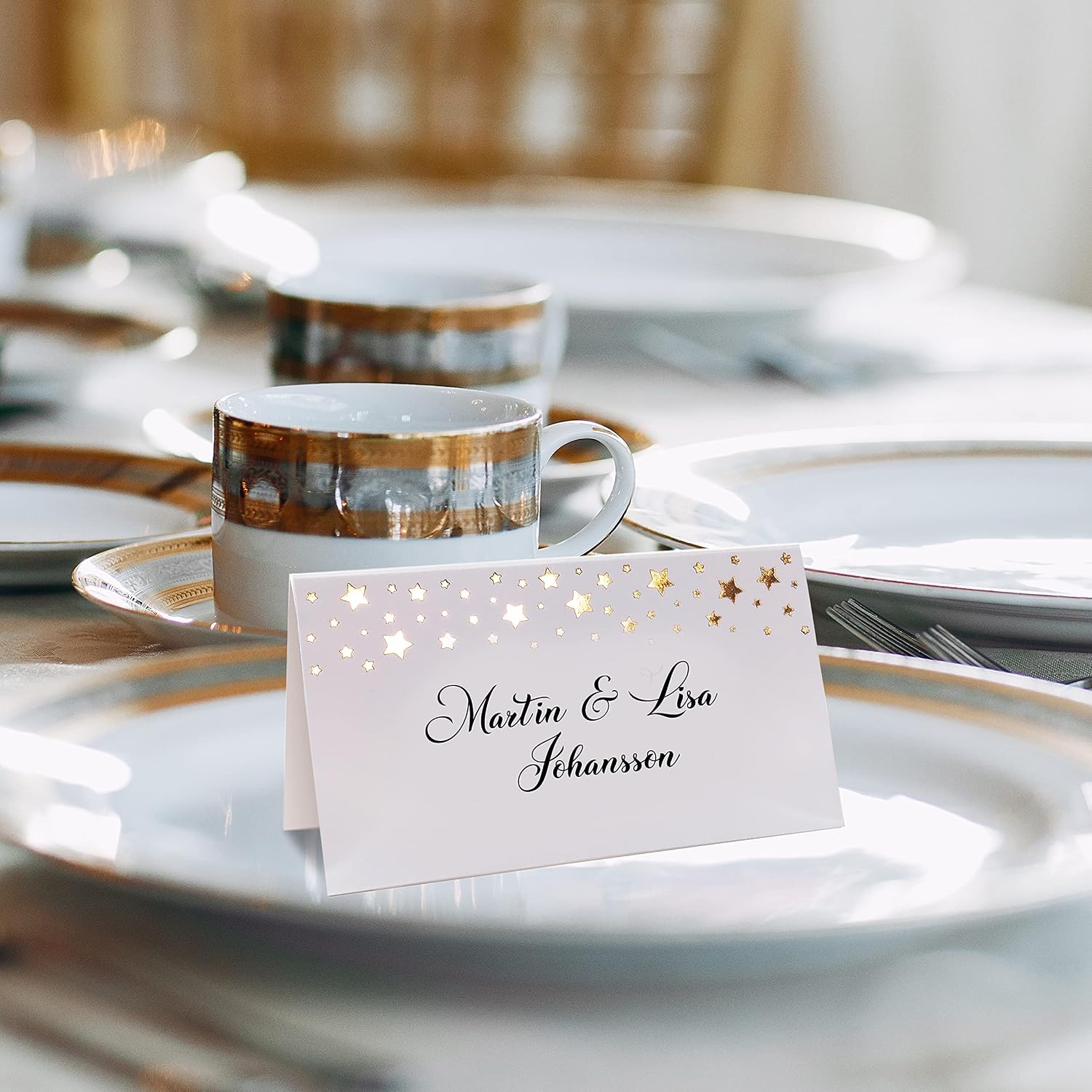 CLEVER SIGNS 100 Pack Gold Place Cards for Wedding Party Reception, 2" X 3.5, Double Design, Gold Foil Stars and Line, Scored for Easy Folding, Place Cards for Table Setting