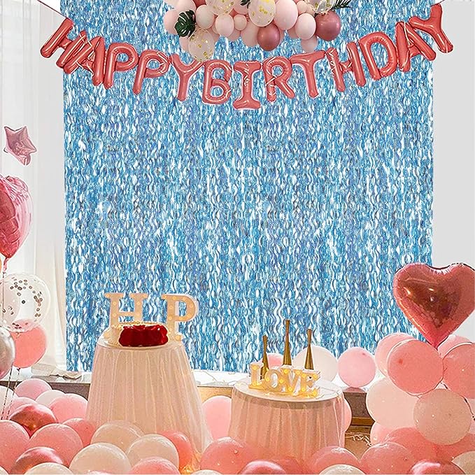 4 Pack Light Blue Party Foil Curtain - CYLMFC 3.3 ft x 6.6 ft Wavy Photo Booth Backdrop Metallic Tinsel Foil Fringe Curtains Environmental Background for Birthday Wedding Party Christmas Decorations