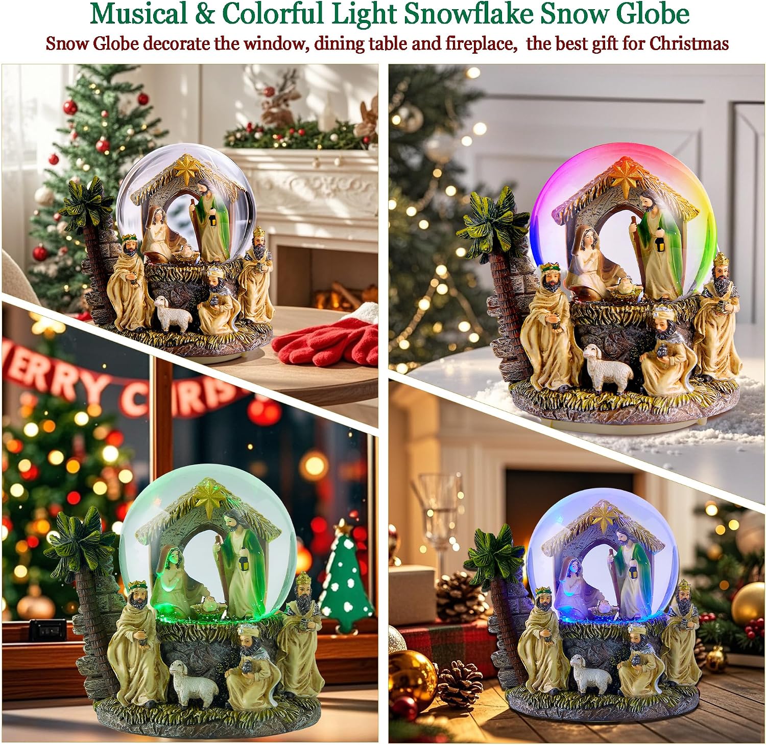 Nativity Christmas Snow Globe Lantern, Musical Snow Globe with Lighted Nativity Scene, Large Snow Globe for Christmas Decorations Indoor for Home