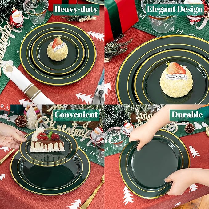 175PCS Green Plastic Plates - Green and Gold Disposable Plates 25Guests Plastic Christmas Plates with Rolled Napkins for Birthday/Christmas