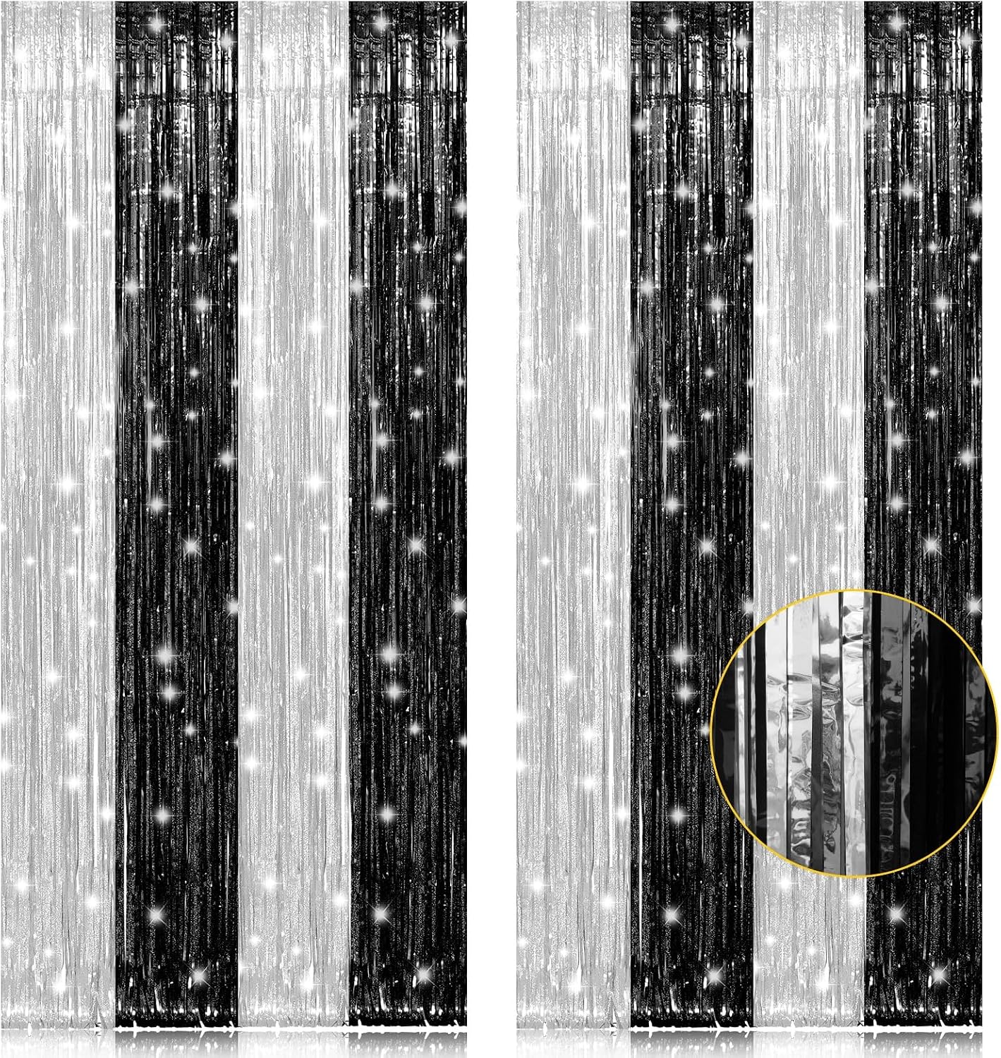 PIGETALE, 2 Pack 3.2 x 8.2 ft Black and Silver Foil Fringe Curtains Party Decorations, Sparkle Tinsel Curtain Photo Backdrop for Birthday Wedding Graduation Stream