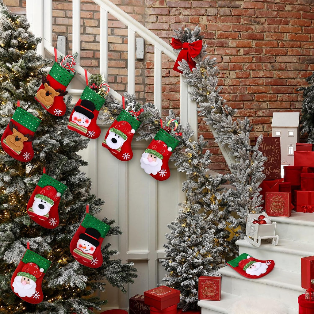Shappy 12 Pcs Mini Christmas Stockings Bulk 7" Small Felt Christmas Stockings Snowman Polar Bear Santa Claus Reindeer, Candy for Xmas Tree Fireplace Family Pet Party Favors Gift(Green,Sequins)