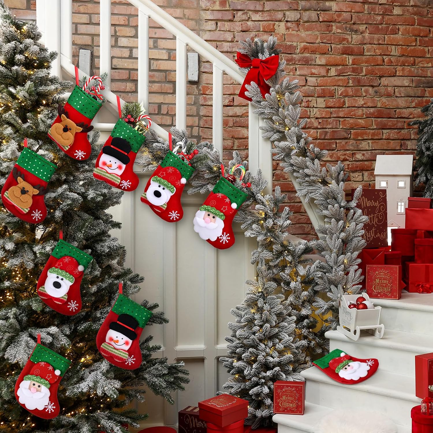 Shappy 12 Pcs Mini Christmas Stockings Bulk 7" Small Felt Christmas Stockings Snowman Polar Bear Santa Claus Reindeer, Candy for Xmas Tree Fireplace Family Pet Party Favors Gift(Green,Sequins)