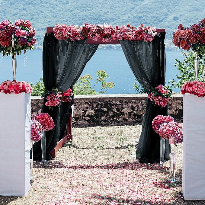 PARTISKY 10ftx7ft Black Chiffon Backdrop Curtains, Wrinkle-Free Sheer Fabric Photo Drapes for Wedding Ceremony Arch Birthday Baby Shower Photography Stage Decor 5ft x 7ft, 2 Panel