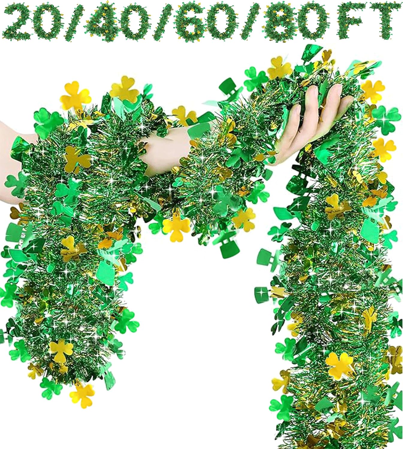 【20/40/60/80 FT】 St Patricks Day Garland Decor Gold Green Shamrock Hat Tinsel Garland, Shiny Metallic Streamer Twist Garland Hanging St Patricks Day Decorations for Home Indoor Outdoor Party Supplies