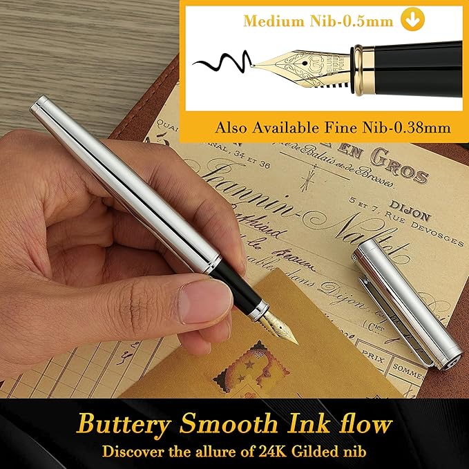 BEILUNER Silver Fountain Pen,Stunning Luxury Pens with Bright Silver Chrome, Gorgeous 24K Gilded Nib(Medium), Fancy Pen Gift for Men&Women -Ink Converter-Elegant, Office,Nice Pen for Writing