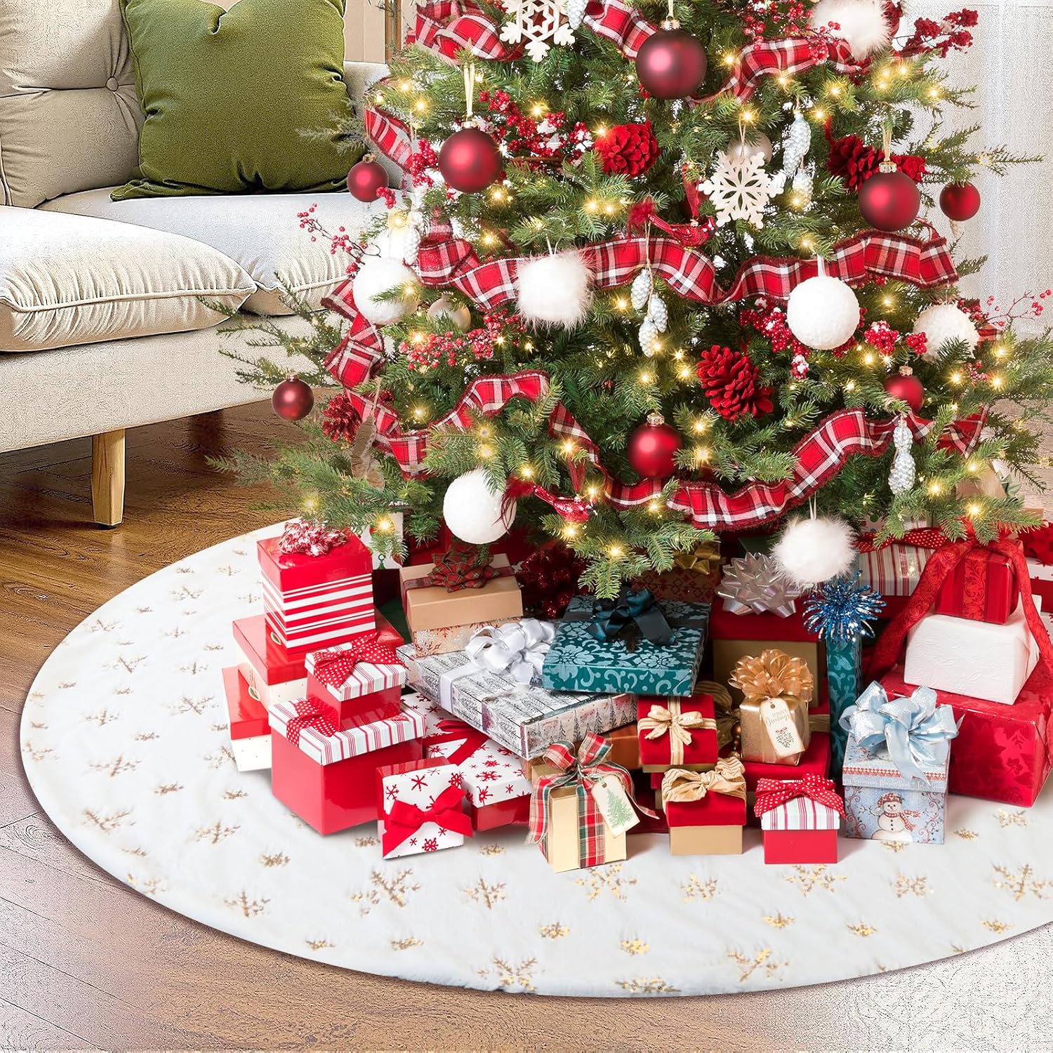 72 Inches Christmas Tree Skirt for Xmas Tree Holiday Party Decorations White Plush Gold Sequin Snowflake
