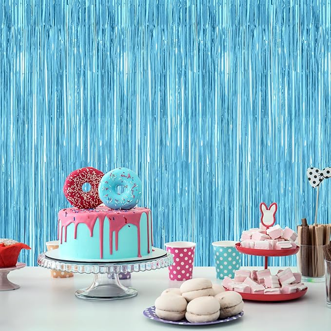 4 Pack Party Decorations, 3.28 FT x 7.05 FT Blue Foil Streamers, Metallic Sky Blue Backdrop Fringe Curtains Bithday Back Drop, Winter Backdrop for Party Supplies Door Decor Hanging