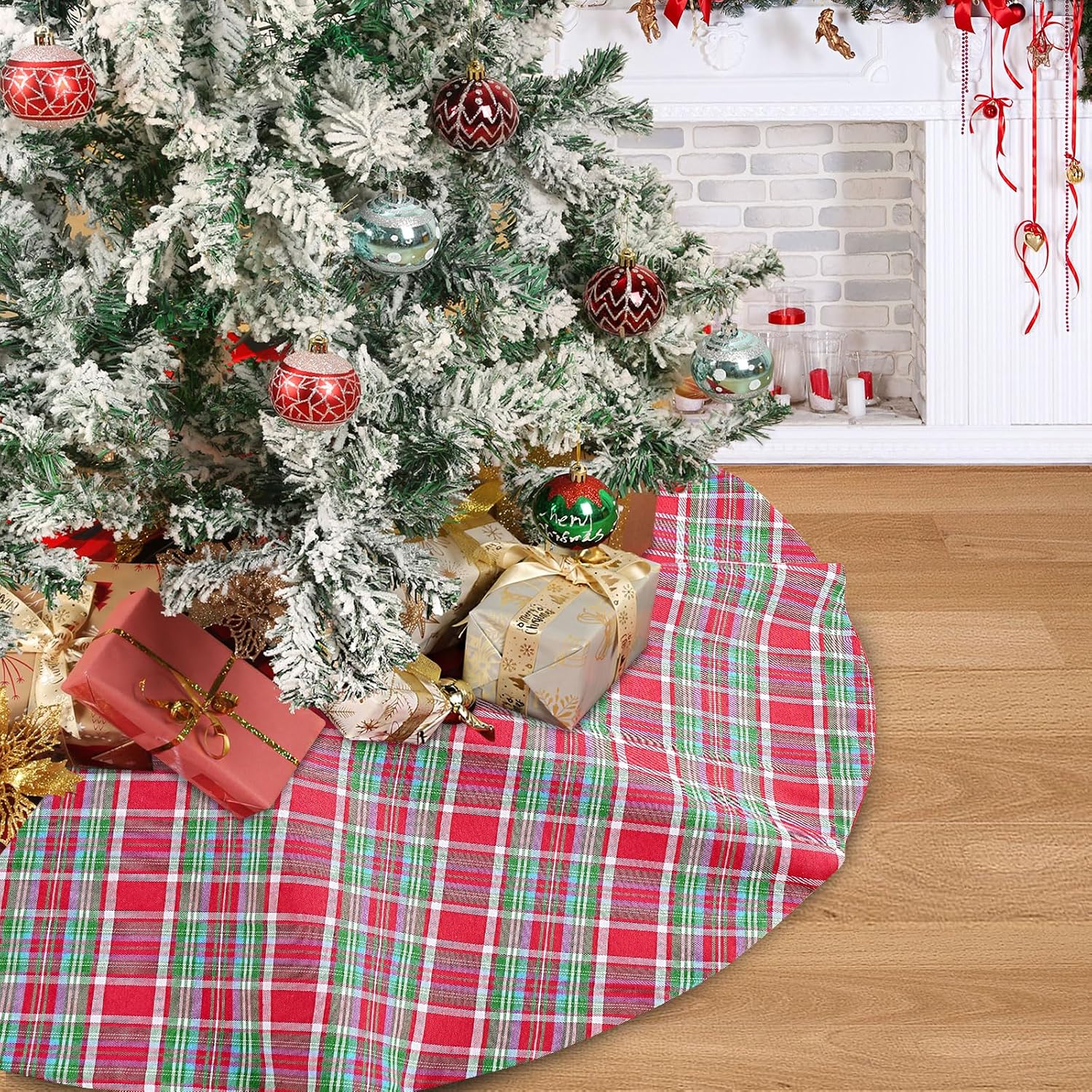 Buffalo Plaid Tree Skirt Cotton Linen Fabric Christmas Tree Skirt Mini 24 Inch for Xmas Holiday Check Tree Skirts Decorations (Red Blue Green)