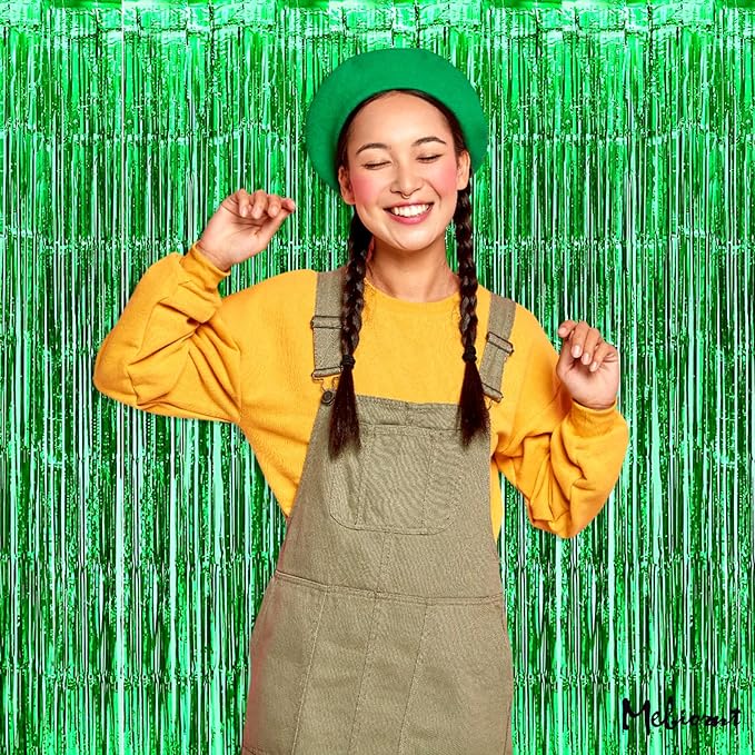 4 Pack Green Fringe Curtain Backdrop, 3.2Ft x 6.6Ft Metallic Tinsel Foil Fringe Streamers Background for Photo Booth Birthday Wedding Baby Shower Carnival Easter Mother’s Day Party Decorations