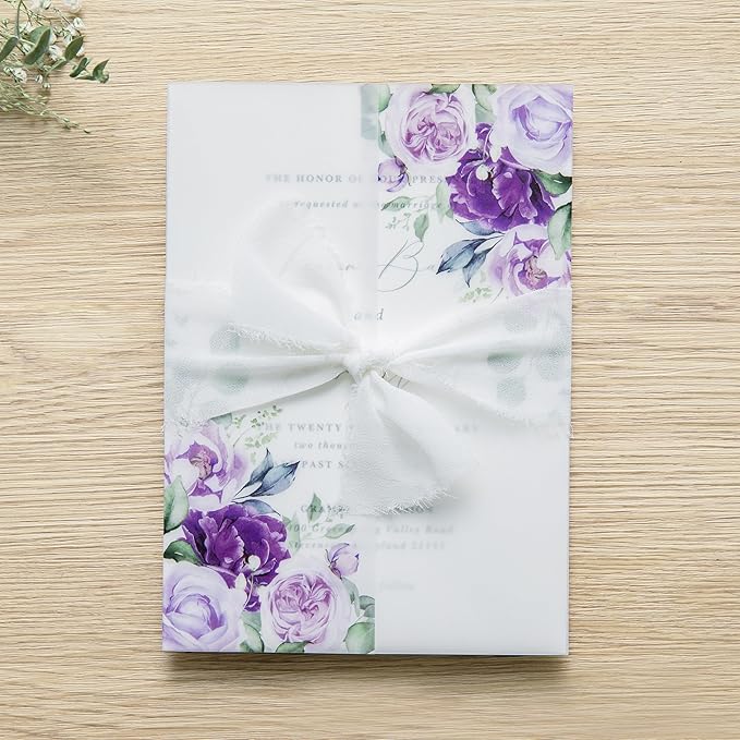 PONATIA 50 PCS Purple Vellum Jackets for 5x7 Invitation Cards- 135GSM Lilac Floral Printed Vellum Sleeves, Quinceanera Wedding Invitation Cards Wraps, Transparent Christmas Gift Cards Jackets