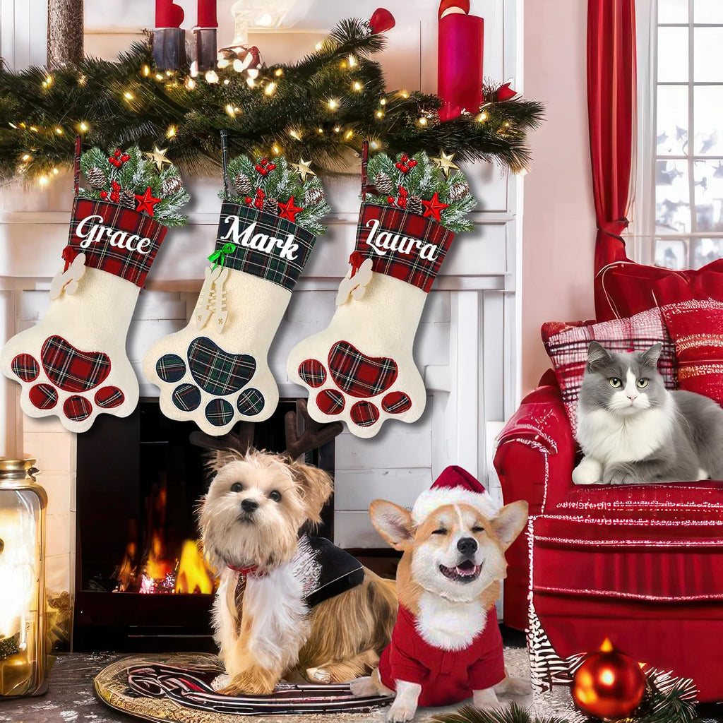 Personalized Dog Christmas Stocking, Custom Pet Paw Christmas Stocking with Name, Customized Xmas Stockings Plaid Cuff, Christmas Hanging Decor, Gifts for Dog, Cat, Pet, Kids, Family Set of 1
