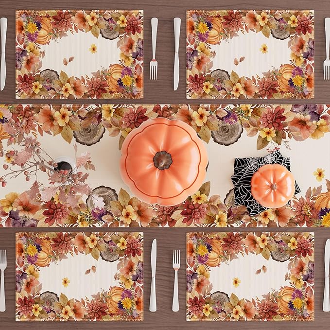 XCHI Fall Color Wild Flowers Watercolor Placemats Set of 4 for Party Home Kitchen Dining Table Decorations Table Mats 12x18 Inch