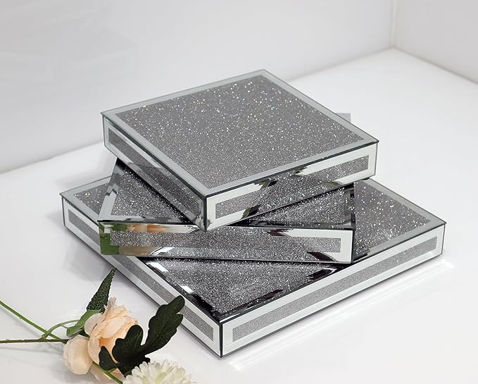 GIMORRTO Mirror Display Riser 3 PC, Glam Accent Table Display Platform for Decorative Pieces, Mirrored Showpeice 3 set, Food Beffer Displayer (Sparkling 3PC)