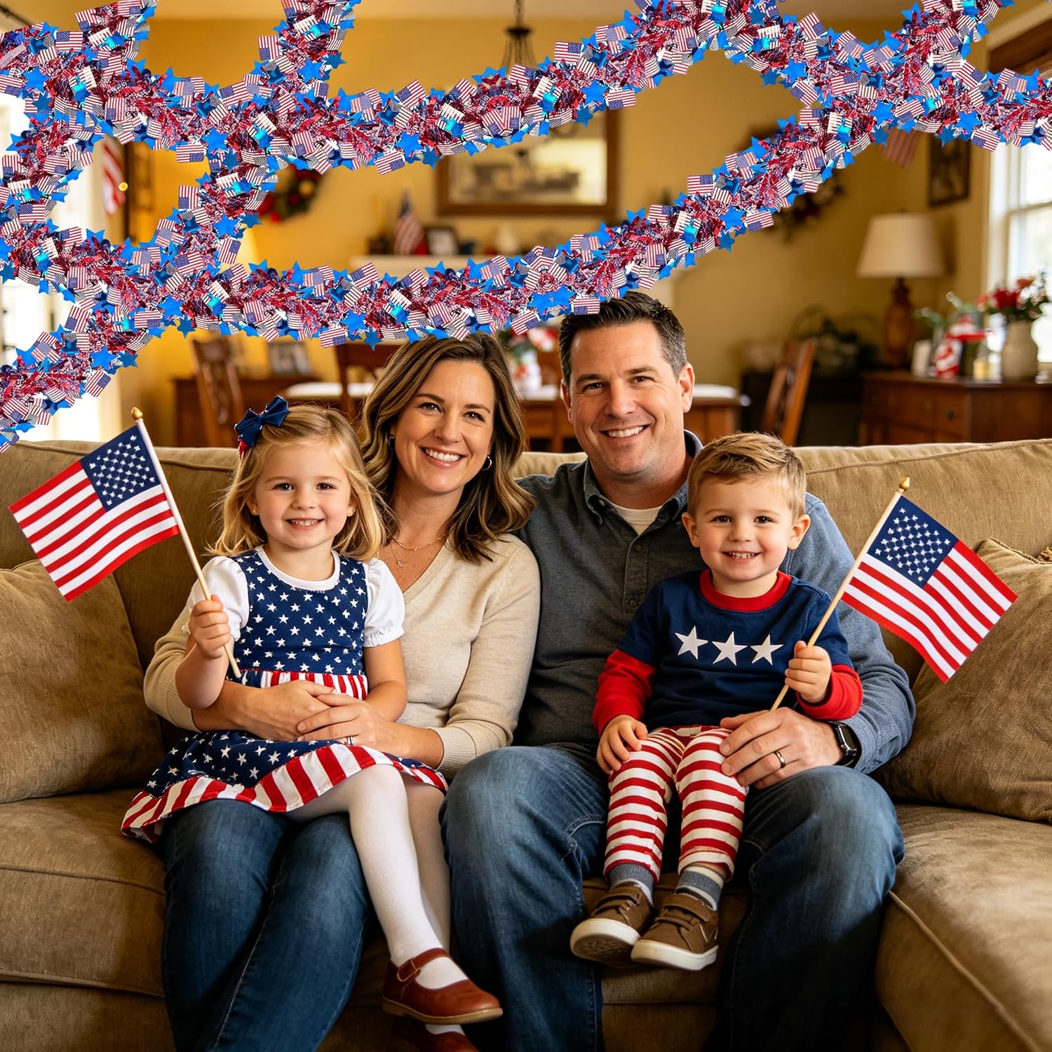50Ft 2026 4th of July Garland Decorations, Glitter Tinsel Patriotic Decor 250 Anniversary USA Merchandise, Red White Blue with American Flags for National Independence Day Decor