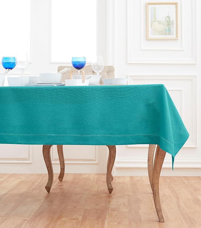 Solino Home Linen Teal Tablecloth 60 x 120 Inch - Classic Hemstitch, 100% Pure Linen Rectangular Tablecloth - Machine Washable Table Cloth for Fall, Autumn, Thanksgiving, Christmas