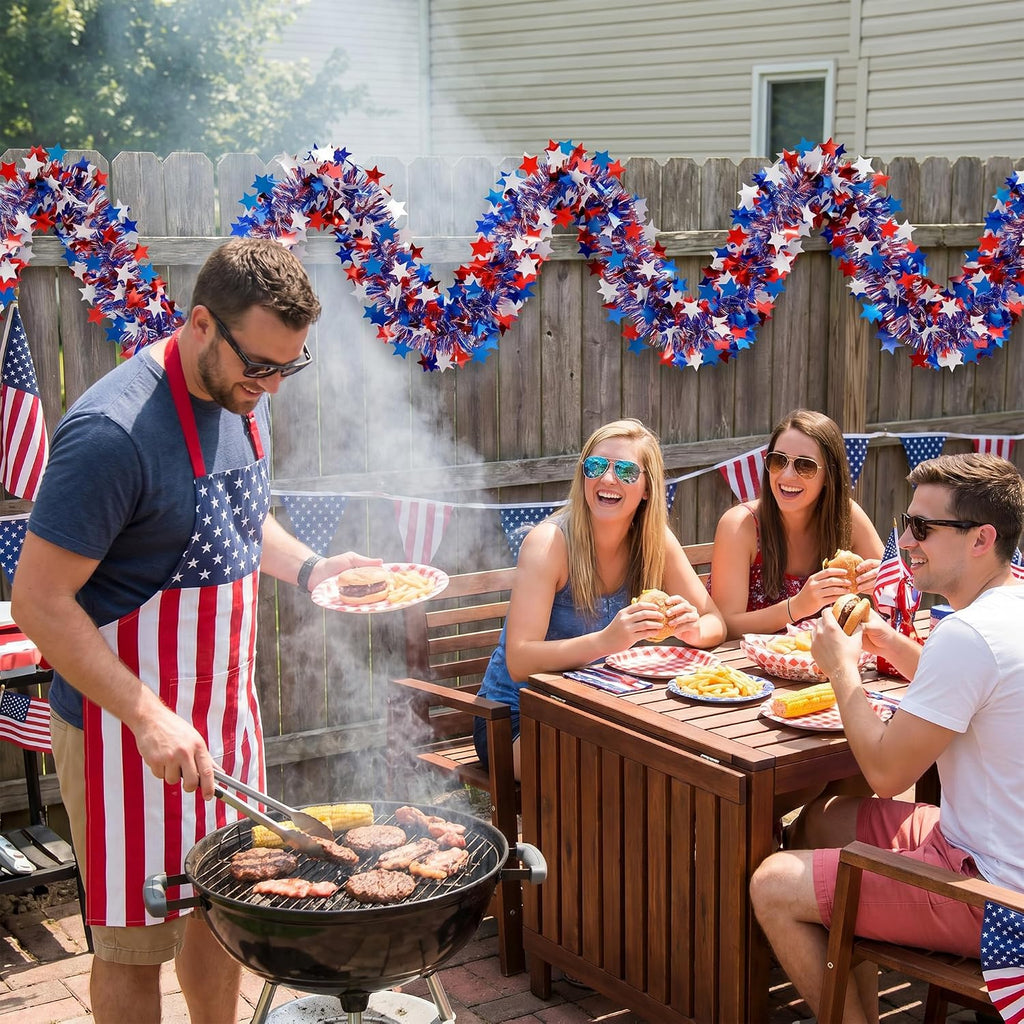 50ft Patriotic Star Tinsel Garland, Tinsel Banner for USA 250th Anniversary July 4th Decorations