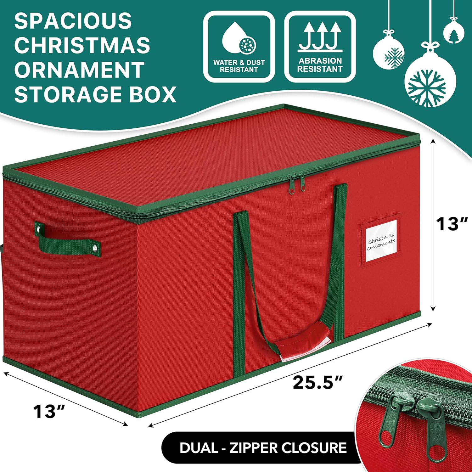 Simple Houseware Heavy-Duty Large Christmas Ornament Storage Box with Adjustable Dividers, Stores up to 128 Ornaments, Zipper Lid, Red