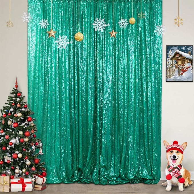 ShinyBeauty Sequin Backdrop 7FTx7FT Green Sequins Fabric Drapes Sparkle Backdrops for Photoshoot Glitter Curtain Birthday Party Christmas Shimmer Background