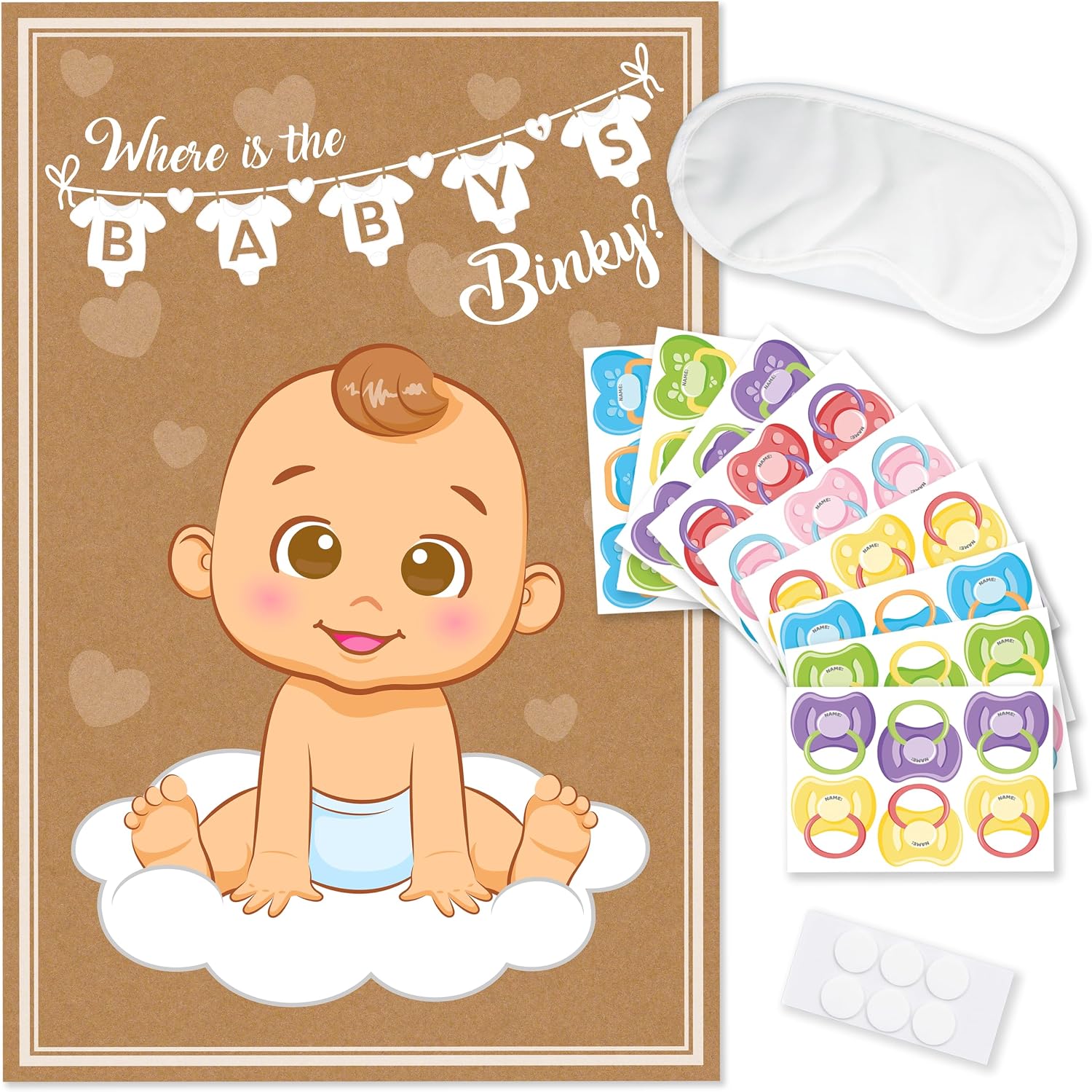 Party Hearty Pin the Pacifier on the Baby, Baby Shower Game - Kraft Boy | 1 Large Poster, 56 Colorful Binky Stickers, 1 Blindfold & Double-Sided Tape