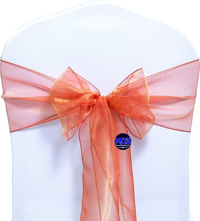 MDS Pack of 200 PCS Organza Chair Sashes Wider Dining Chair Bows Ribbon Tie Back for Wedding Party Birthday Bridal Shower Reception Event Banquet Home Chair Cover Decoration - Brunt Orange