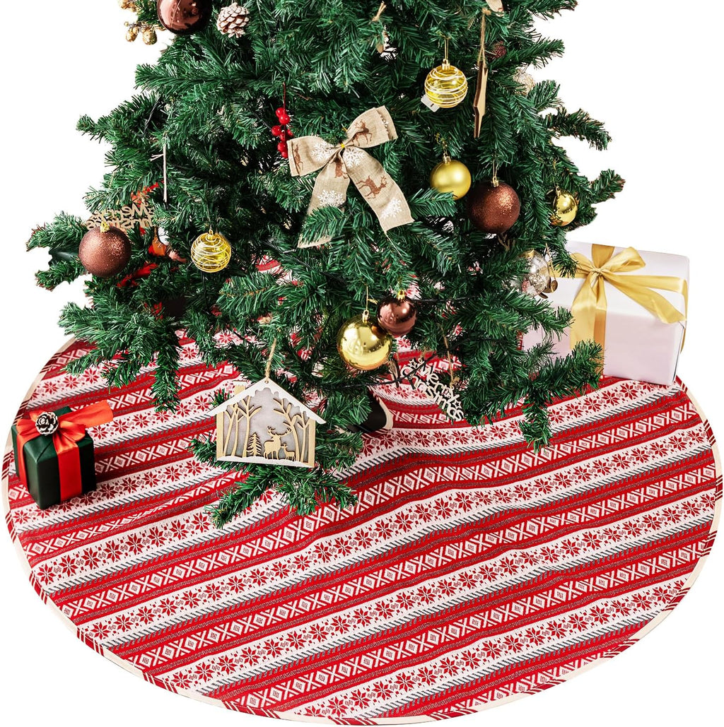 Christmas Tree Skirts 36 inches Knitted Snowflake Tree Skirt for Christmas Tree, Red Xmas Tree Skirt for Christmas Holiday House Decor Nordic Elegance