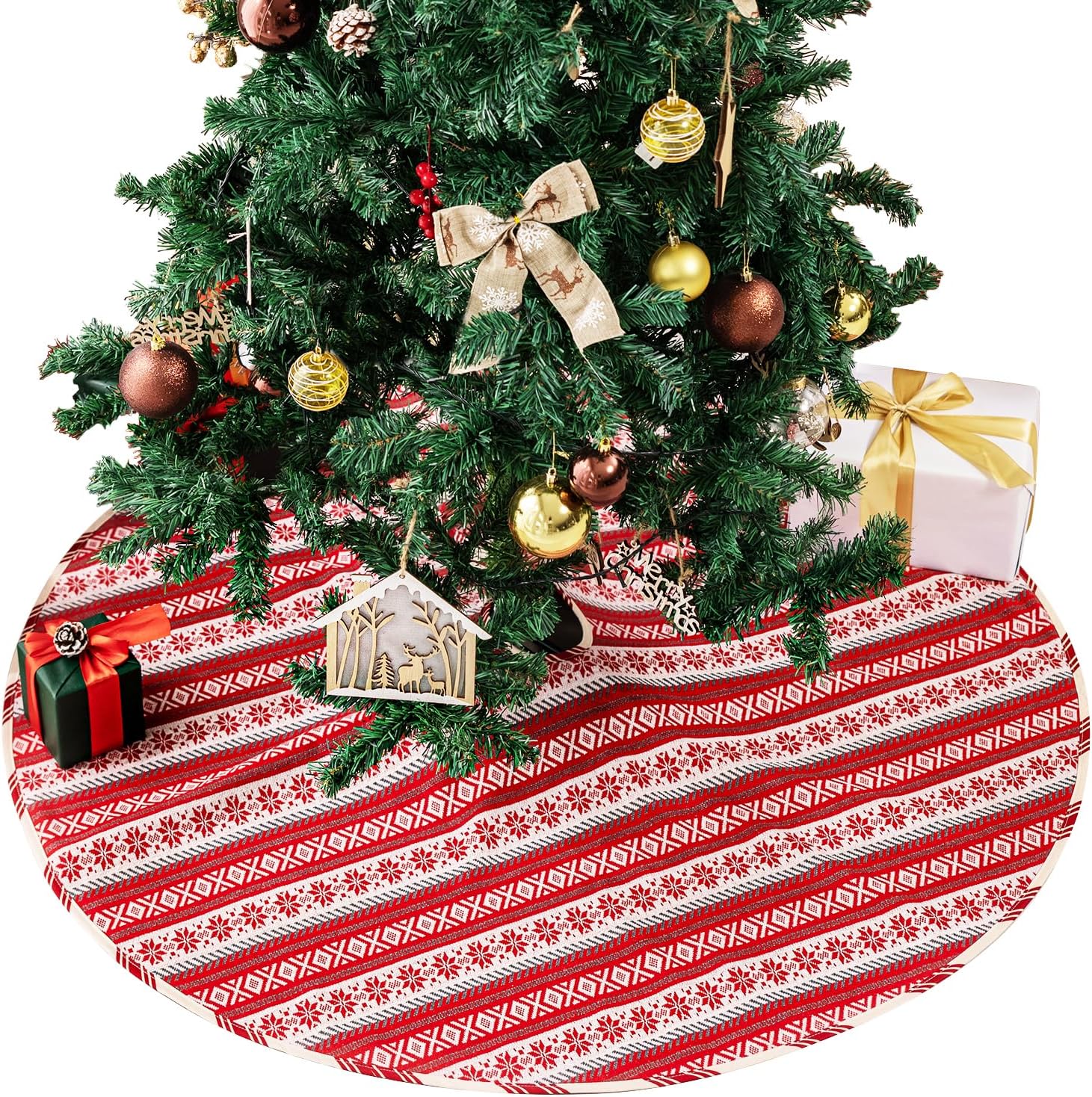 Christmas Tree Skirts 36 inches Knitted Snowflake Tree Skirt for Christmas Tree, Red Xmas Tree Skirt for Christmas Holiday House Decor Nordic Elegance