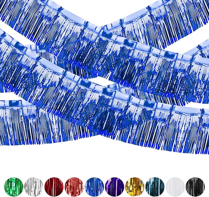 4 Pack Iridescent Float Fringe Curtains, Metallic Foil Fringe Garland Shiny Tassel Foil Parade Float Decorations for Trailer Car Graduation Homecoming Outdoor Indoor Party (Royal Blue)