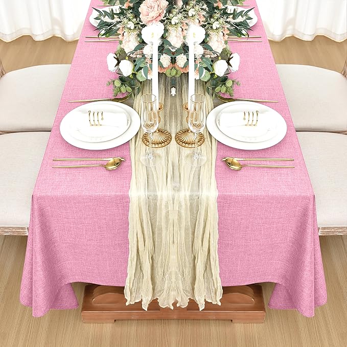 Fitable Faux Linen Tablecloths for Rectangle Tables: Water & Stain Resistant Farmhouse Table Cloth, Washable Burlap Textured Table Covers for Kitchen Dining Party(2 Pack, 52x70 Inch, Pink)