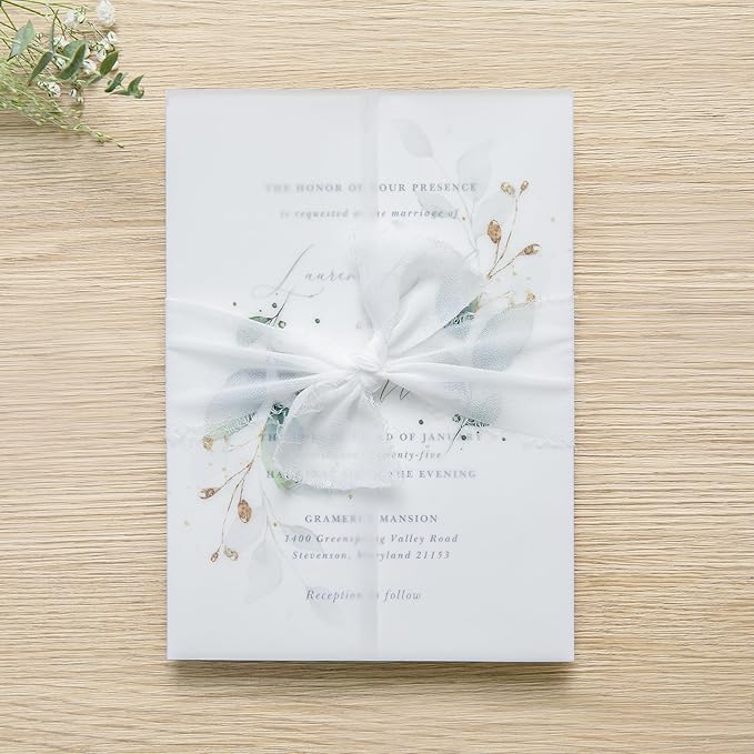 PONATIA 50PCS Vellum Jackets for 5x7 Invitation Cards - 135GSM Green Leaves Vellum Sleeves, 5x7'' Clear Jackets Wedding Invitations Wraps - Transparent Card Jackets