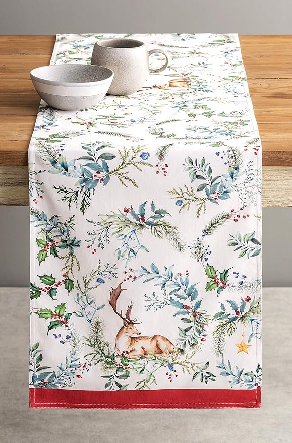 Maison d' Hermine Table Runner 100% Cotton Double Layer Table Runners 108 inches Long for Thanksgiving Christmas Decorations Home Kitchen Dining Party Wedding (Holly Time, 14.5" x 108")