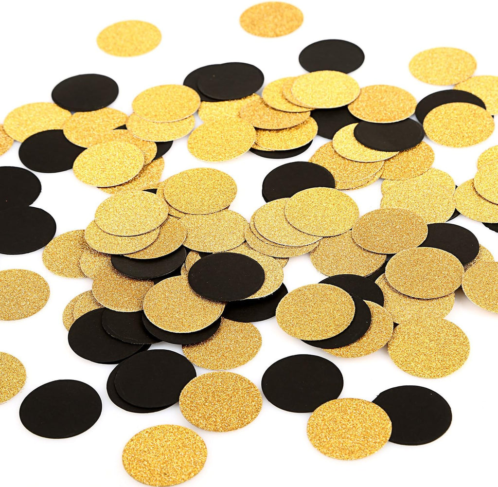 MOWO Gold Glitter and Black Confetti Circle Table Decoration, 1.2", 200pc | birthday graduation wedding retirement baby shower new year valentines day party decoration