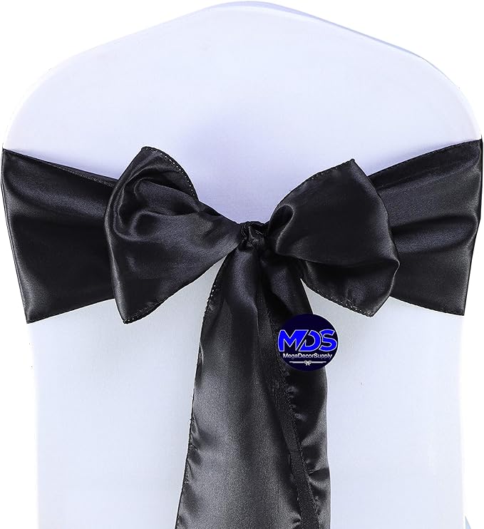 MDS Pack of 75 PCS Satin Chair Sashes Charmeuse Sateen Dining Chair Bows Ribbon Ties Back Sash for Wedding Party Birthday Home Hotel Restaurant Banquet Decoration (7 x 108 Inch, Black)