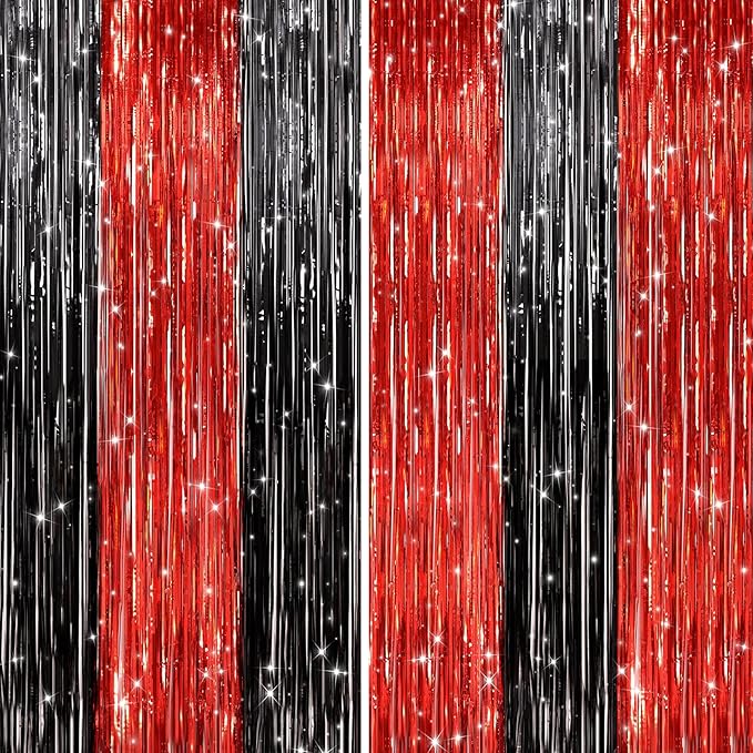 2 Pack Black and Red Foil Fringe Curtains Party Decorations, Tinsel Curtain Backdrop Streamers for Birthday Graduation Fiesta Stranger Theme Halloween Christmas Party Decors Supplies Door Streamers