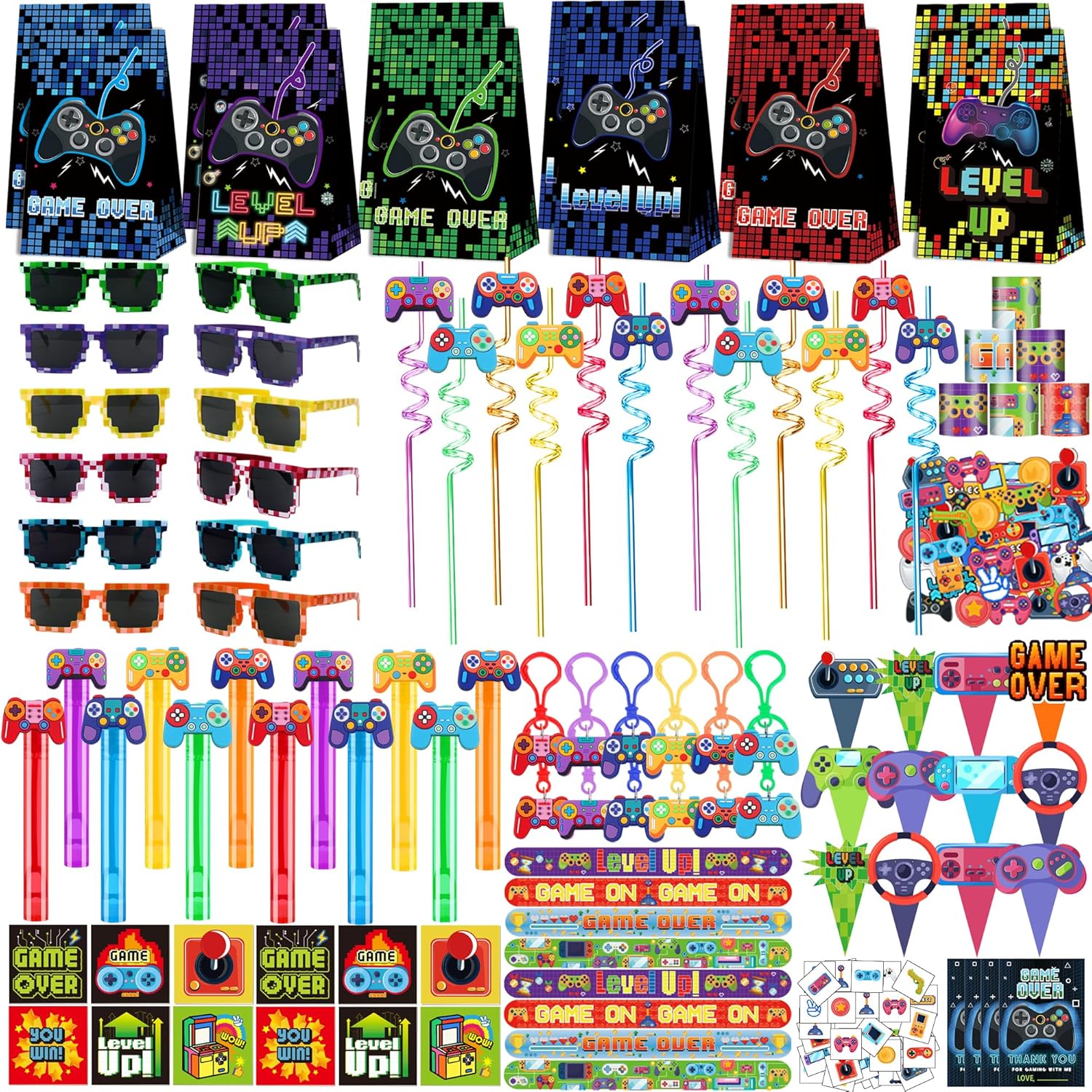PLOUGVI 320PCS Video Game Party Favors for Kids-Including Goodie Bags, Glasses, Straws, Bubble Wands, Stickers, Cake Toppers, Tattoos & More-Perfect for Theme Party Decorations & Piñata Fillers