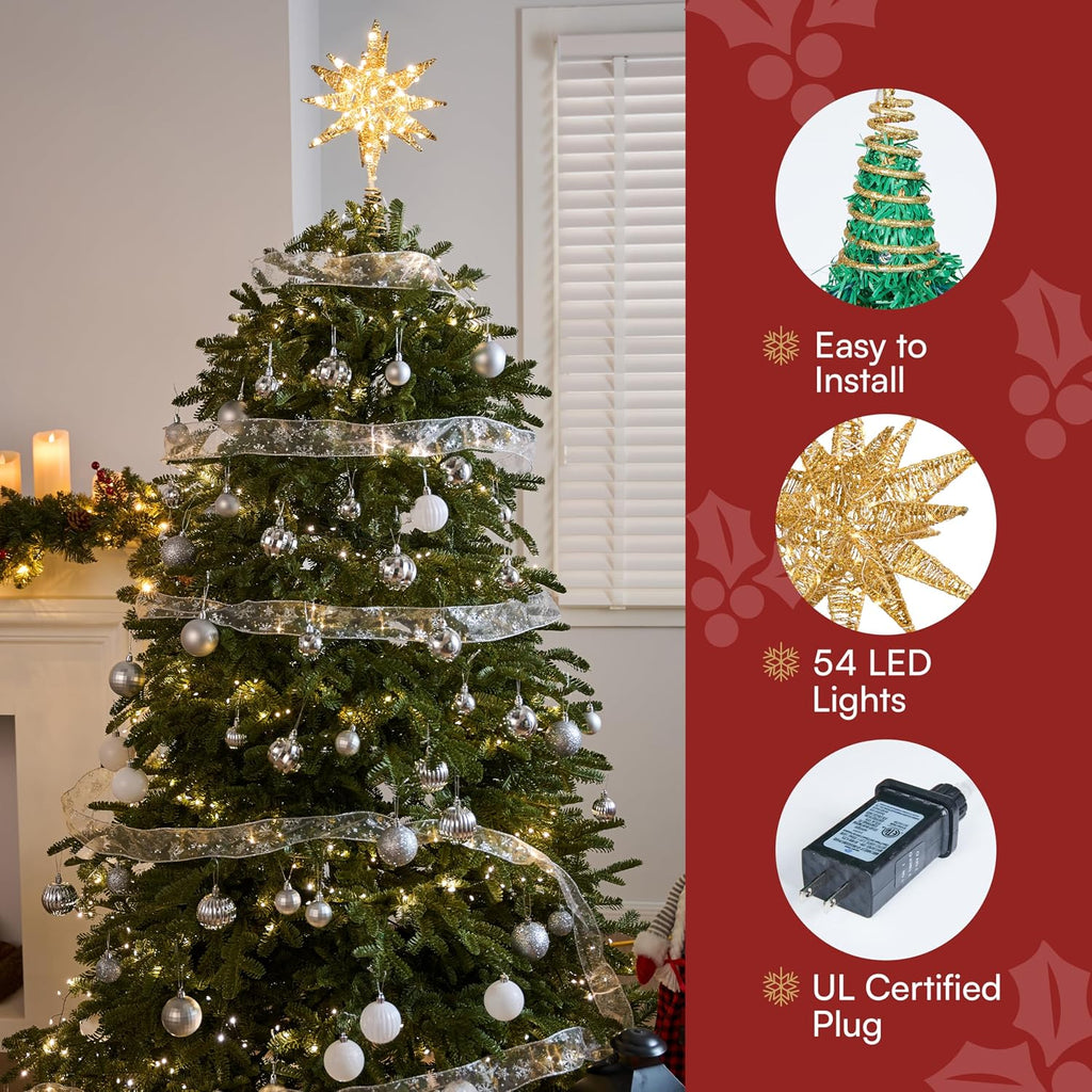 JOIEDOMI 7.8" Metal 3D Star Christmas Tree Topper Golden Glitter Decorations with 56 LED Warm White with Plug Timer Ornaments Treetop Home Holiday Party Indoor Decor