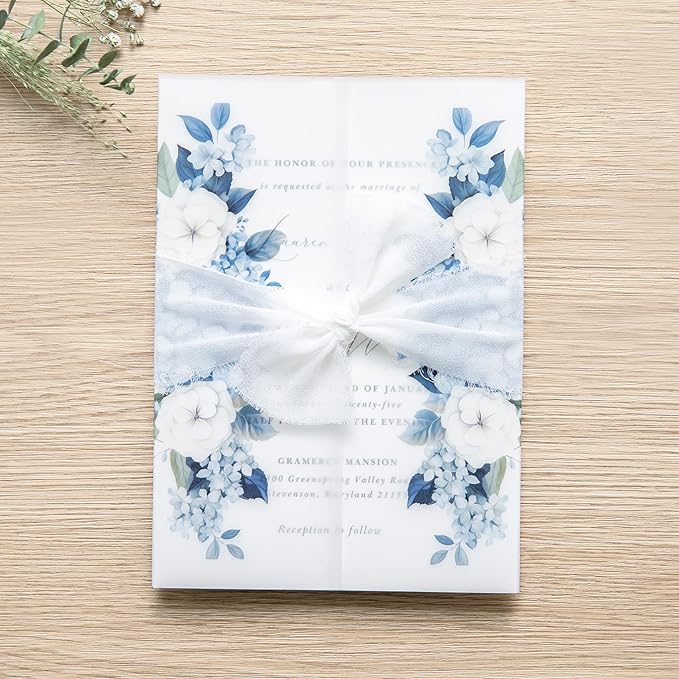 PONATIA 50PCS Vellum Jackets for 5x7 Invitation Cards- 135GSM Dusty Blue Flowers Sleeves, Vellum Paper 5x7 Jackets - Wedding Invitations Wraps - Transparent Card