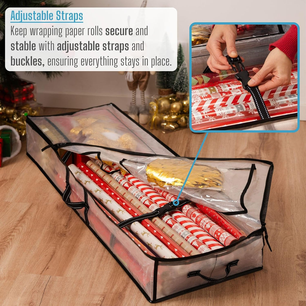 VENO 2 Pack Clear Wrapping Paper Organizer Storage Box for Christmas Gift Bags and Holiday Accessories, Underbed Storage Container with Interior Pockets, 40 Inches Long Fits 24 Rolls (2 Pack)