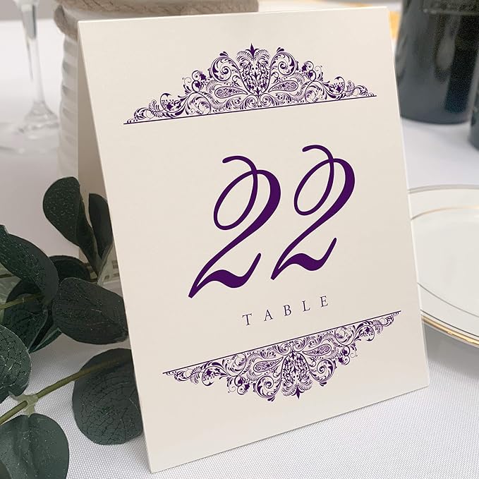 Paisley Wedding Table Numbers (Select Color/Quantity), Champagne, Eggplant, 1-15, Double Sided, Tent or Use in a Stand, Great for Parties & Restaurants - Made in the USA
