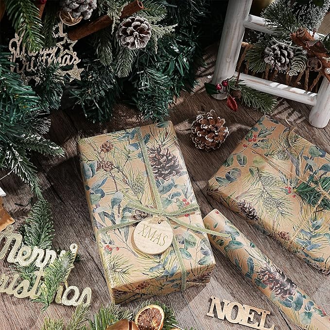 RUSPEPA 30" X 32.8' Kraft Christmas Wrapping Large Paper Roll, Jumbo Roll, Watercolor Pinecone and Eucalyptus Leaf Design, Kraft Gift Wrap for Christmas, Winter Holiday Party, Rustic Natural Theme