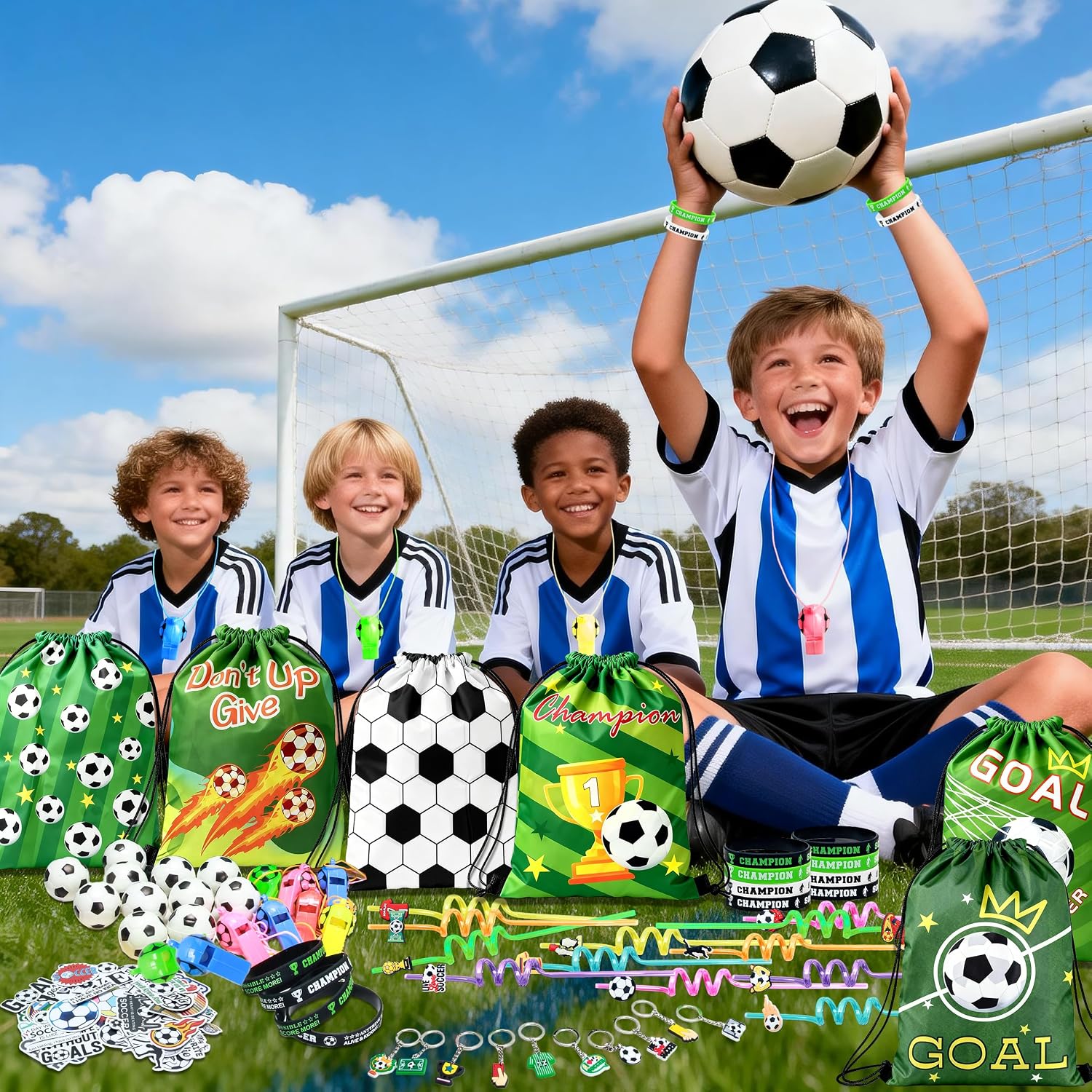 J6&H6 2026 Soccer Party Favors Soccer Goodie Bags Including 12 Soccer Drawstring Bags Stress-relieving Soccer Straws Keychains silicone Wristband and stickers for Soccer Party Gift. (soccer)
